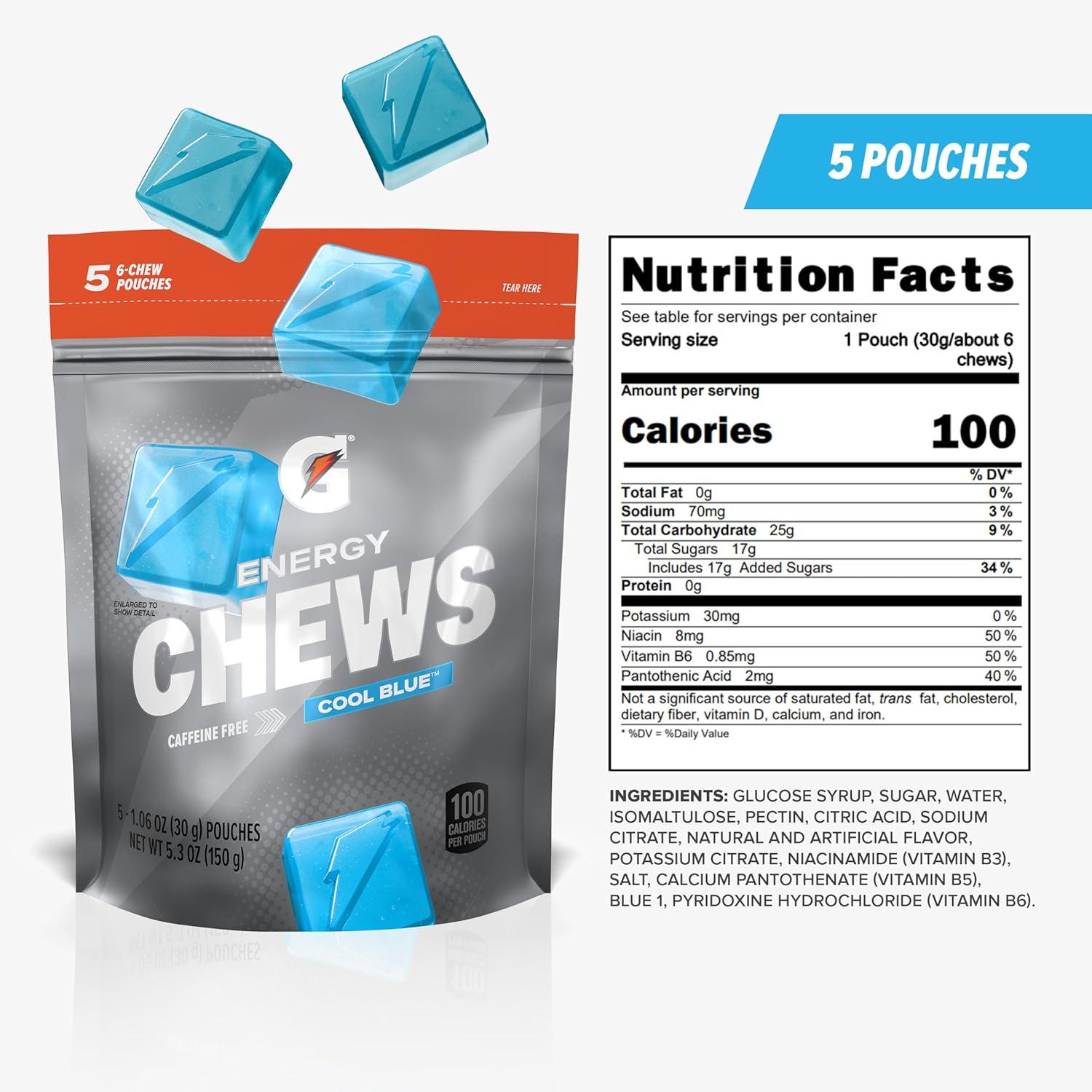 imageGatorade Energy Chews Cool Blue Caffeine Free B12 100 Calorie Pouches 5 PackCool Blue