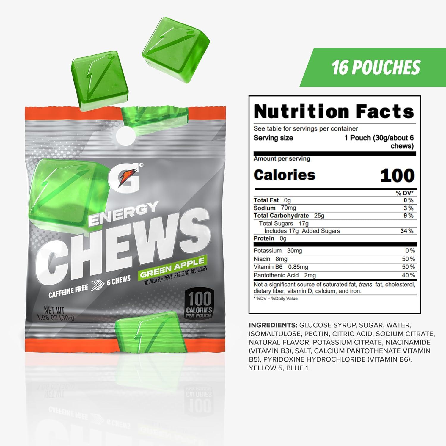 imageGatorade Energy Chews Cool Blue Caffeine Free B12 100 Calorie Pouches 5 PackGreen Apple