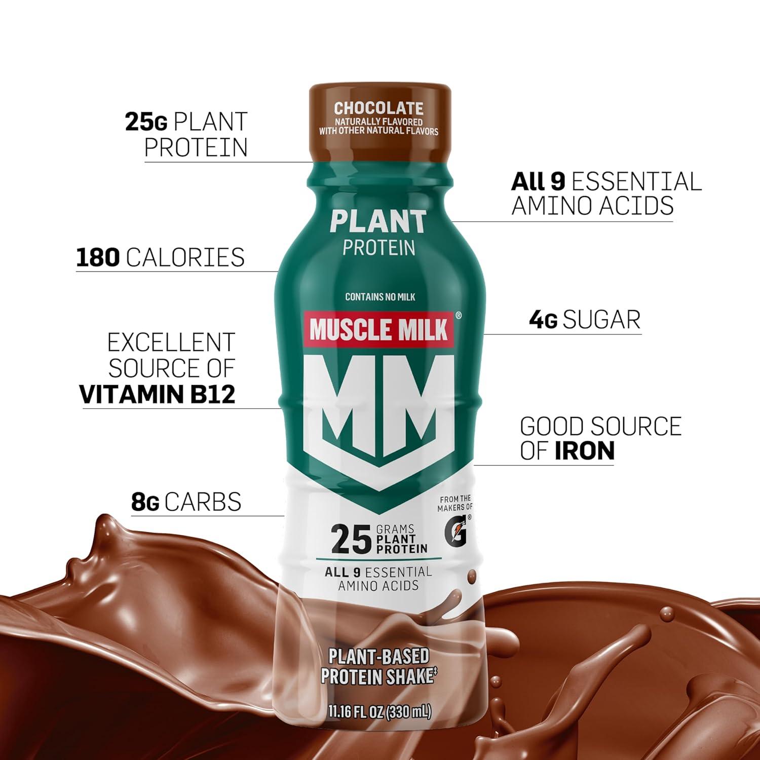 imageMuscle Milk Plant Based Protein Shake Chocolate 1116 Fl Oz Pack of 12Chocolate