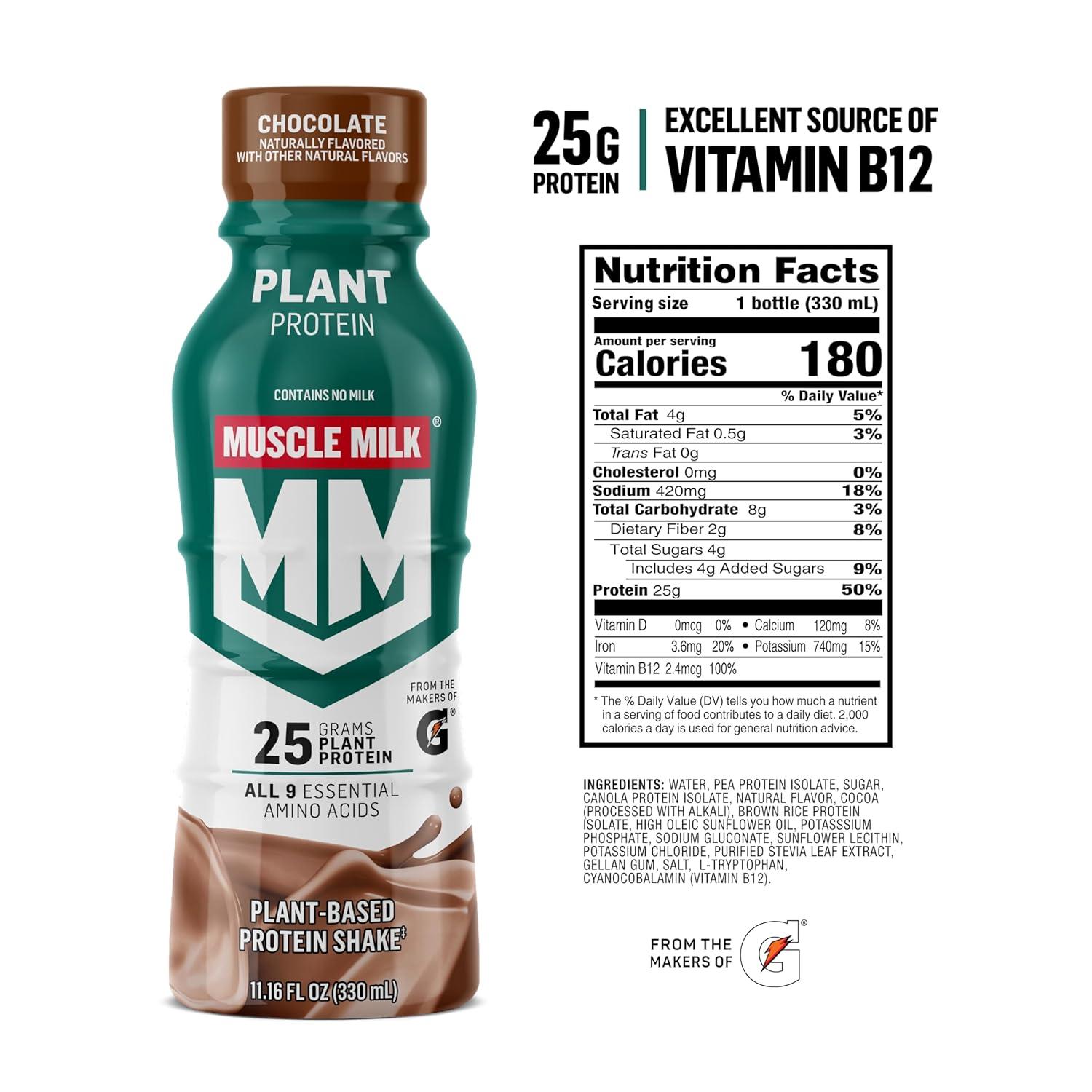 imageMuscle Milk Plant Based Protein Shake Chocolate 1116 Fl Oz Pack of 12Chocolate