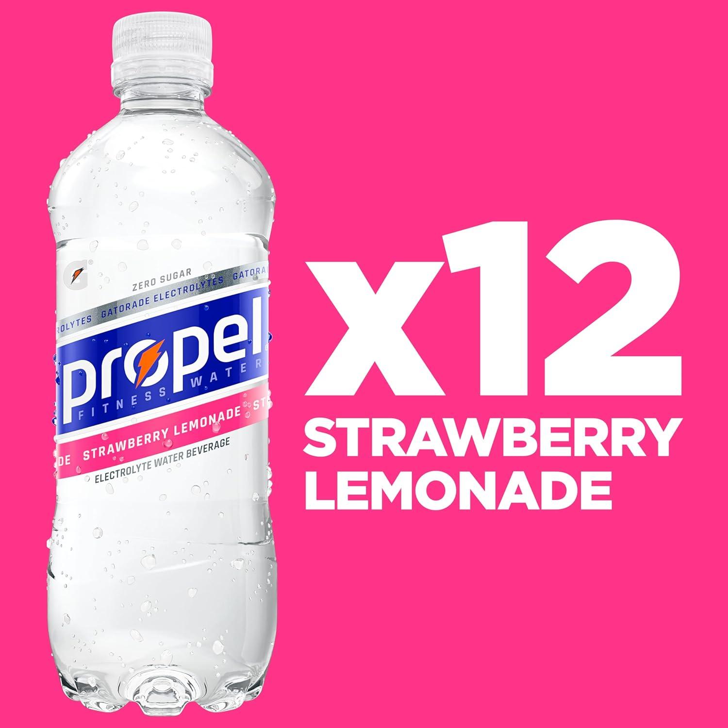 imagePropel Electrolyte Enhanced Water Sports Drink Strawberry Lemonade Flavored Water Zero Calorie ampamp Zero Sugar Hydration with Electrolytes and Vitamins C ampamp E 169 fl oz Water Bottles 12 PackStrawberry Lemonade