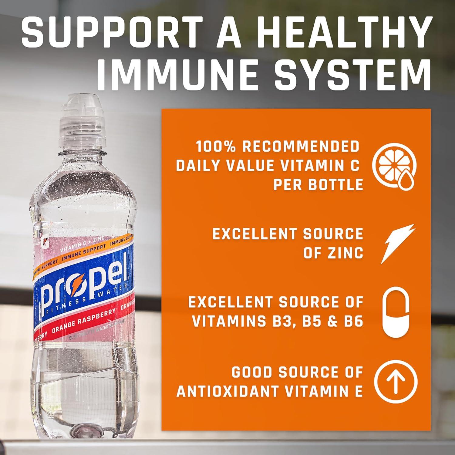 imagePropel Immune Support Electrolyte Enhanced Water Sports Drink Orange Raspberry Flavored Water 100 DV Vitamin C Zinc Zero Calorie ampamp Zero Sugar Hydration with Electrolytes and Vitamins 169 fl oz Water Bottles 12 PackPineapple Peach