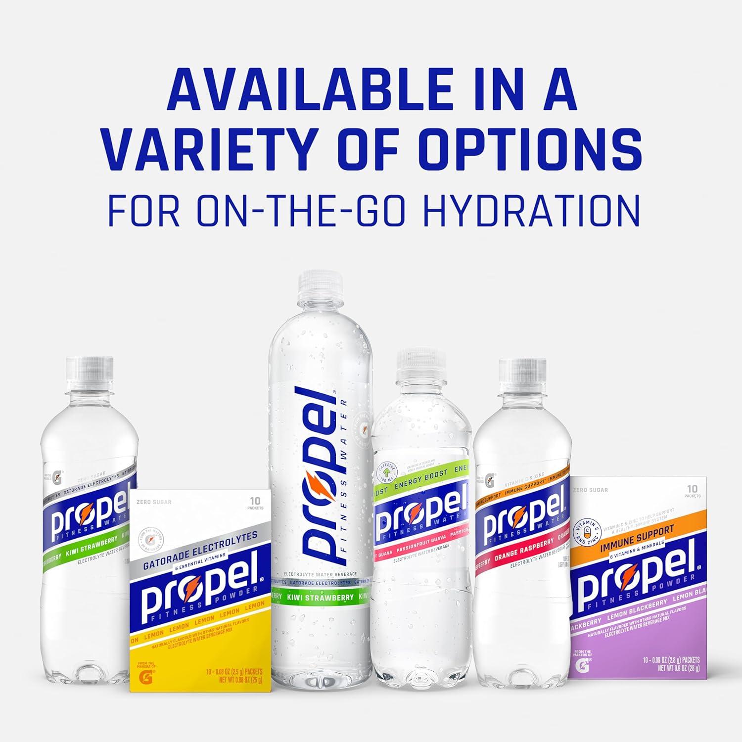 imagePropel Immune Support Electrolyte Enhanced Water Sports Drink Orange Raspberry Flavored Water 100 DV Vitamin C Zinc Zero Calorie ampamp Zero Sugar Hydration with Electrolytes and Vitamins 169 fl oz Water Bottles 12 PackLemon Blackberry