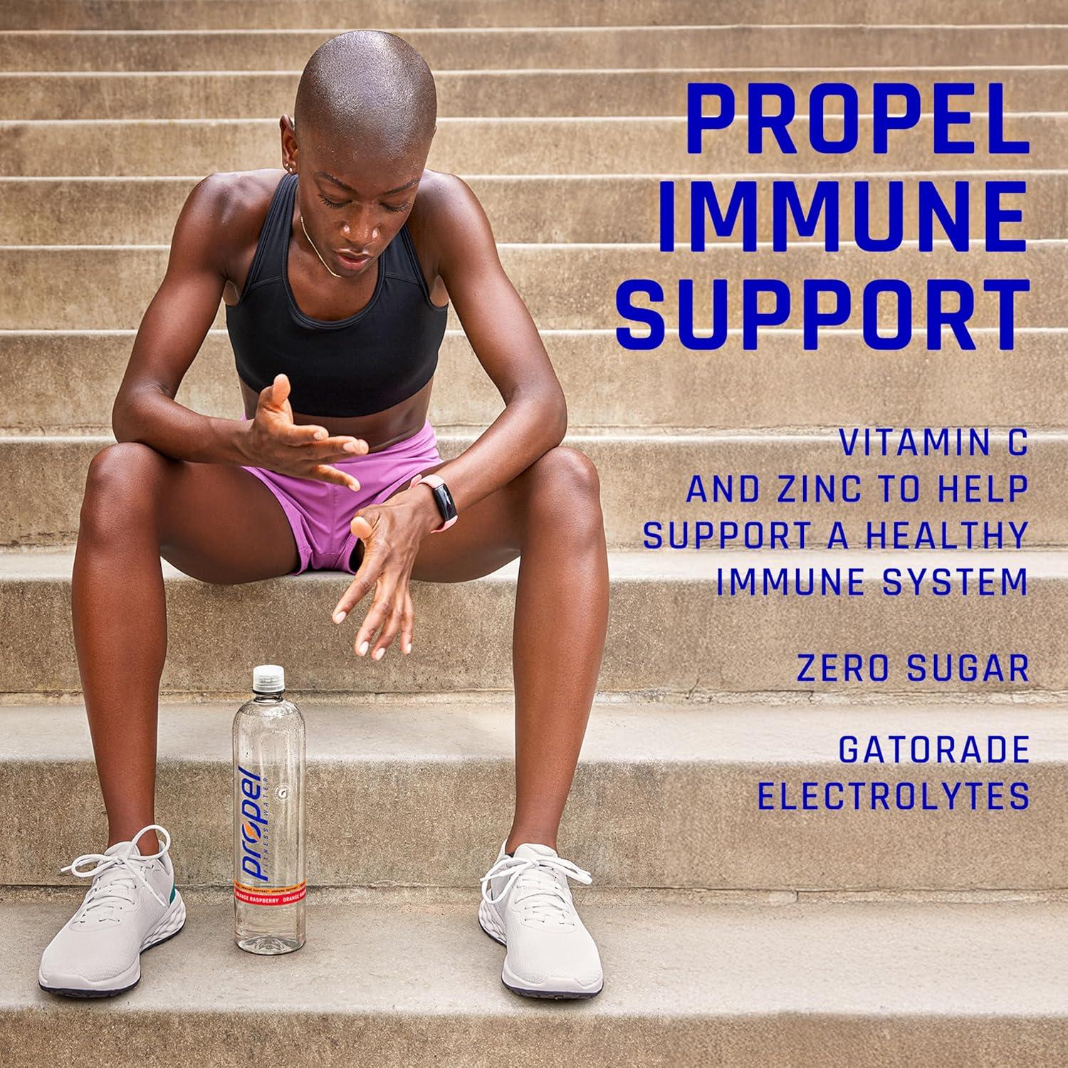imagePropel Immune Support Electrolyte Enhanced Water Sports Drink Orange Raspberry Flavored Water 100 DV Vitamin C Zinc Zero Calorie ampamp Zero Sugar Hydration with Electrolytes and Vitamins 169 fl oz Water Bottles 12 PackPineapple Peach