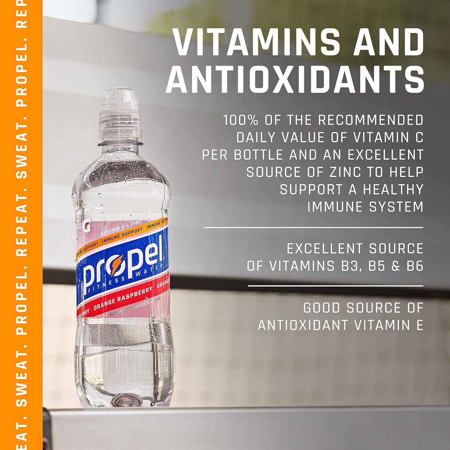 imagePropel Immune Support Electrolyte Enhanced Water Sports Drink Orange Raspberry Flavored Water 100 DV Vitamin C Zinc Zero Calorie ampamp Zero Sugar Hydration with Electrolytes and Vitamins 169 fl oz Water Bottles 12 PackOrange Raspberry