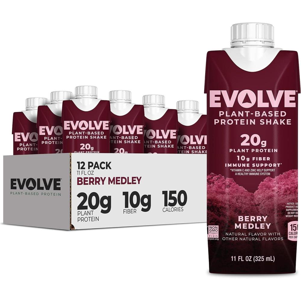imageEvolve Plant Based Protein Shake Vanilla Bean 20g Vegan Protein Dairy Free No Artificial Sweeteners NonGMO 10g Fiber 11 Fl Oz Pack of 12 Formula May VaryBerry