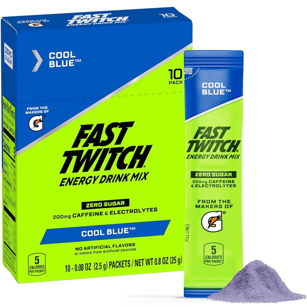 imageFast Twitch Energy Drink Mix from Gatorade Powder Sticks Strawberry Watermelon 008oz Packets 10 Pack Zero Sugar Electrolytes CaffeineCool Blue