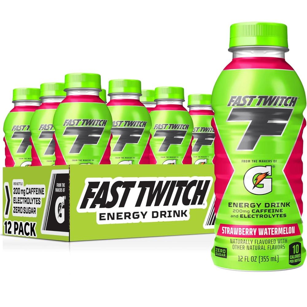 imageFast Twitch Energy drink from Gatorade Cool Blue 12oz Bottles 12 Pack 200mg Caffeine Zero Sugar ElectrolytesStrawberry Watermelon