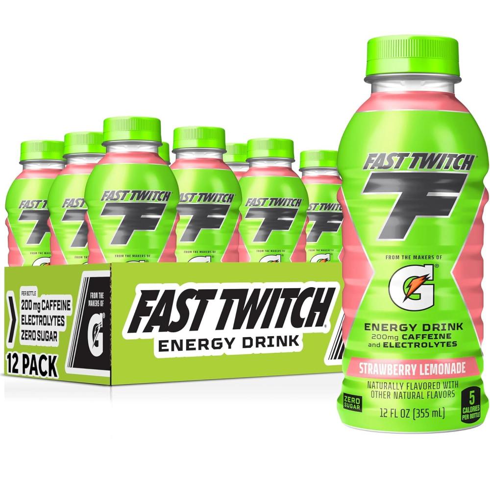 imageFast Twitch Energy drink from Gatorade Strawberry Lemonade 12oz Bottles 12 Pack 200mg Caffeine Zero Sugar Electrolytes
