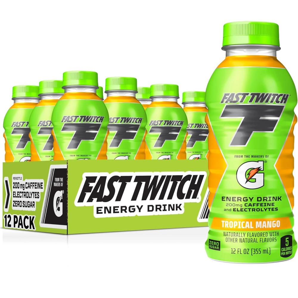 imageFast Twitch Energy drink from Gatorade Tropical Mango 12oz Bottles 12 Pack 200mg Caffeine Zero Sugar Electrolytes