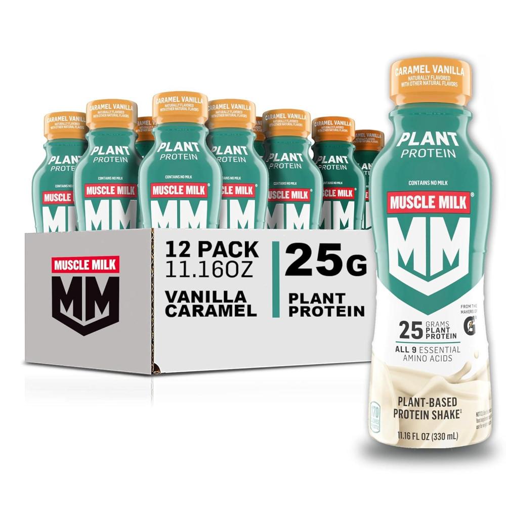 imageMuscle Milk Plant Based Protein Shake Chocolate 1116 Fl Oz Pack of 12Vanilla Caramel