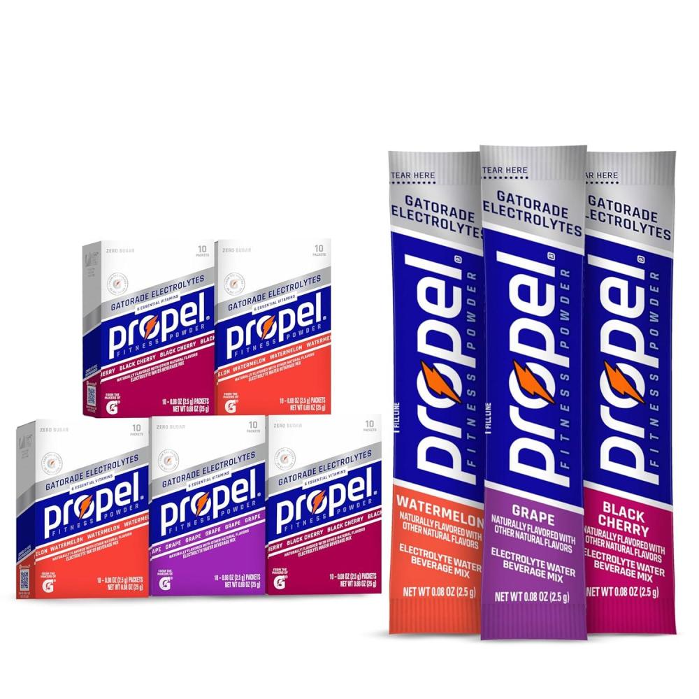 imagePropel Electrolyte Enhanced Water Drink Mix Powder Packets 4 Flavor Variety Pack Zero Calorie ampamp Zero Sugar Hydration with Electrolytes and Vitamins C ampamp E 50 Packets3Flavor Variety Pack