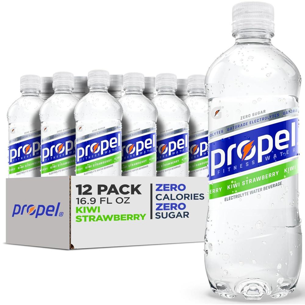 imagePropel Electrolyte Enhanced Water Sports Drink Strawberry Lemonade Flavored Water Zero Calorie ampamp Zero Sugar Hydration with Electrolytes and Vitamins C ampamp E 169 fl oz Water Bottles 12 PackKiwi Strawberry
