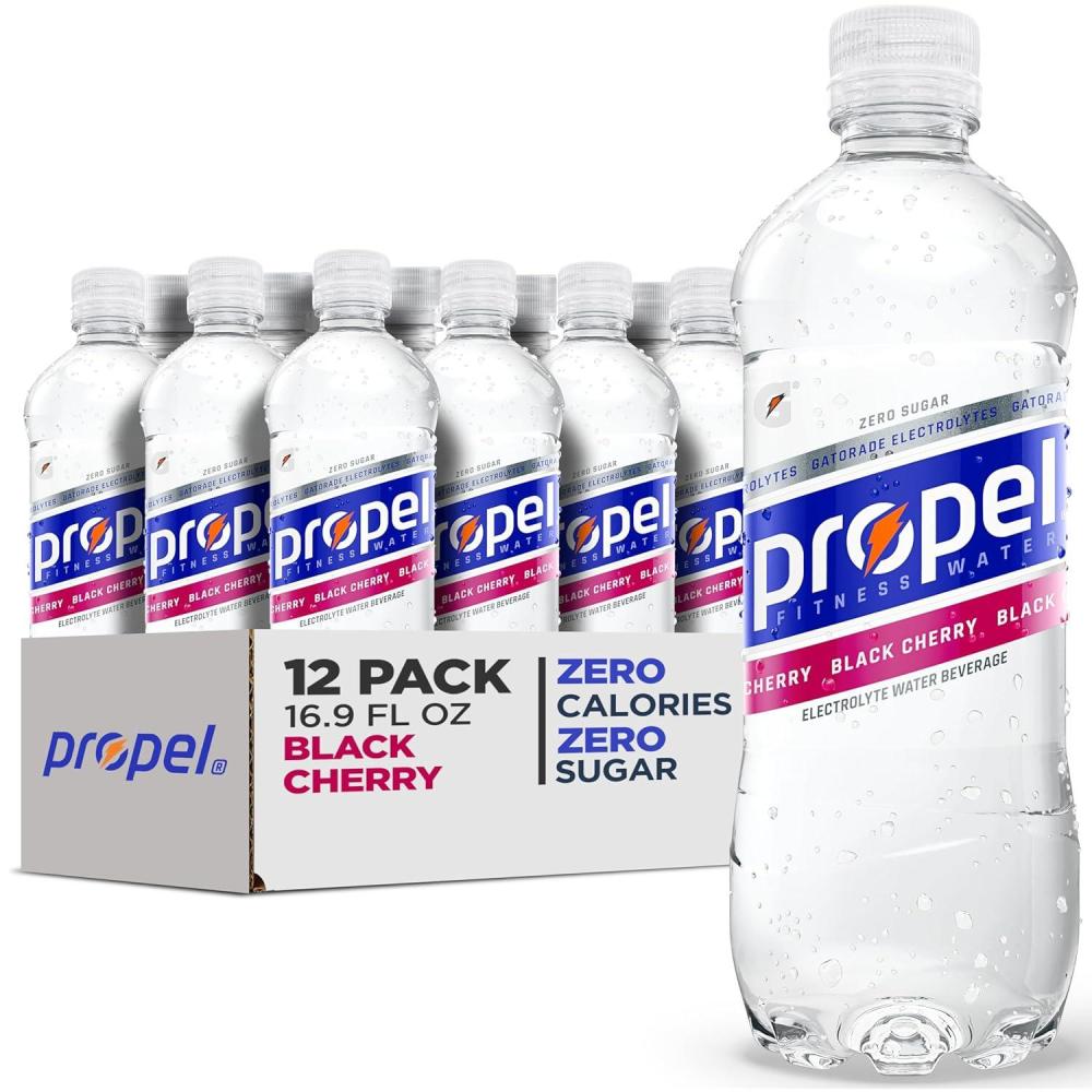 imagePropel Electrolyte Enhanced Water Sports Drink Strawberry Lemonade Flavored Water Zero Calorie ampamp Zero Sugar Hydration with Electrolytes and Vitamins C ampamp E 169 fl oz Water Bottles 12 PackBlack Cherry