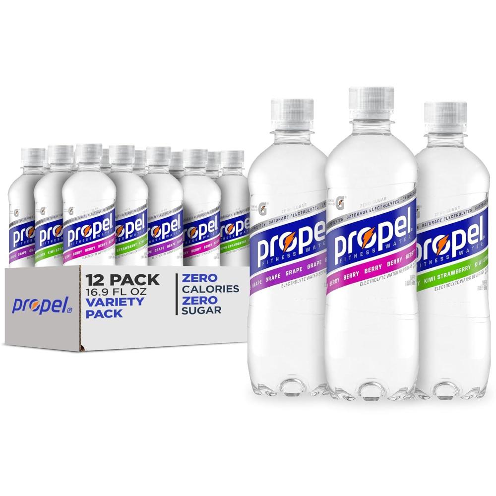 imagePropel Electrolyte Enhanced Water Sports Drink Strawberry Lemonade Flavored Water Zero Calorie ampamp Zero Sugar Hydration with Electrolytes and Vitamins C ampamp E 169 fl oz Water Bottles 12 PackGrape Berry Kiwi Strawberry