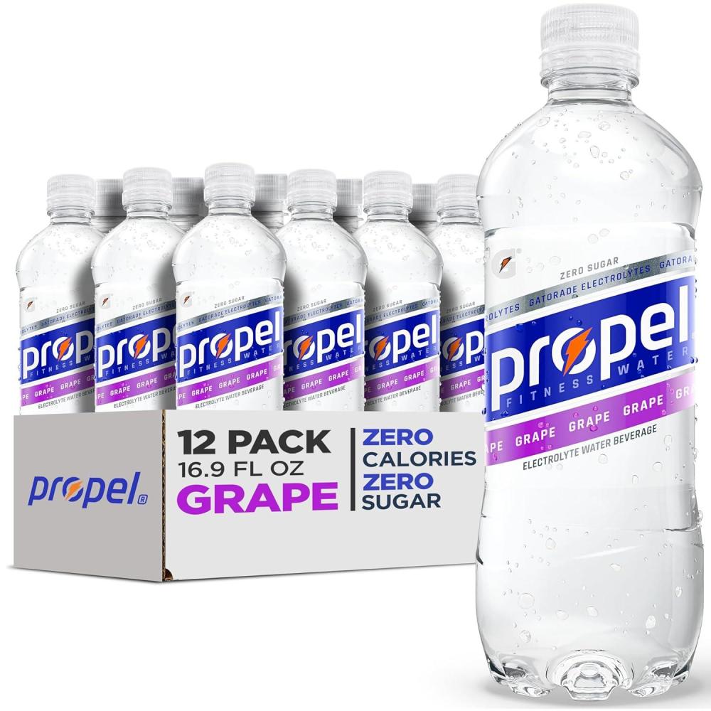 imagePropel Electrolyte Enhanced Water Sports Drink Strawberry Lemonade Flavored Water Zero Calorie ampamp Zero Sugar Hydration with Electrolytes and Vitamins C ampamp E 169 fl oz Water Bottles 12 PackGrape