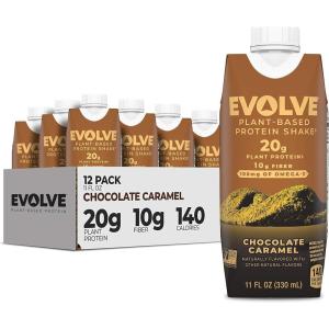 Evolve Plant Based Protein Shake, Vanilla Bean, 20g Vegan Protein, Dairy Free, No Artificial Sweeteners, Non-GMO, 10g Fiber, 11 Fl Oz (Pack of 12) (Formula May Vary)(Chocolate Caramel)