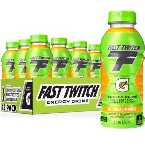 Fast Twitch Energy drink from Gatorade, Tropical Mango, 12oz Bottles, (12 Pack), 200mg Caffeine, Zero Sugar, Electrolytes