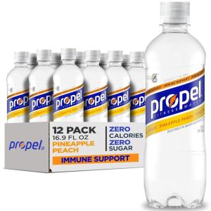 Propel Immune Support Electrolyte Enhanced Water Sports Drink, Orange Raspberry Flavored Water, 100% DV Vitamin C + Zinc, Zero Calorie & Zero Sugar Hydration with Electrolytes and Vitamins, 16.9 fl oz Water Bottles (12 Pack)(Pineapple Peach)