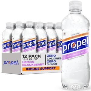 Propel Immune Support Electrolyte Enhanced Water Sports Drink, Orange Raspberry Flavored Water, 100% DV Vitamin C + Zinc, Zero Calorie & Zero Sugar Hydration with Electrolytes and Vitamins, 16.9 fl oz Water Bottles (12 Pack)(Lemon Blackberry)