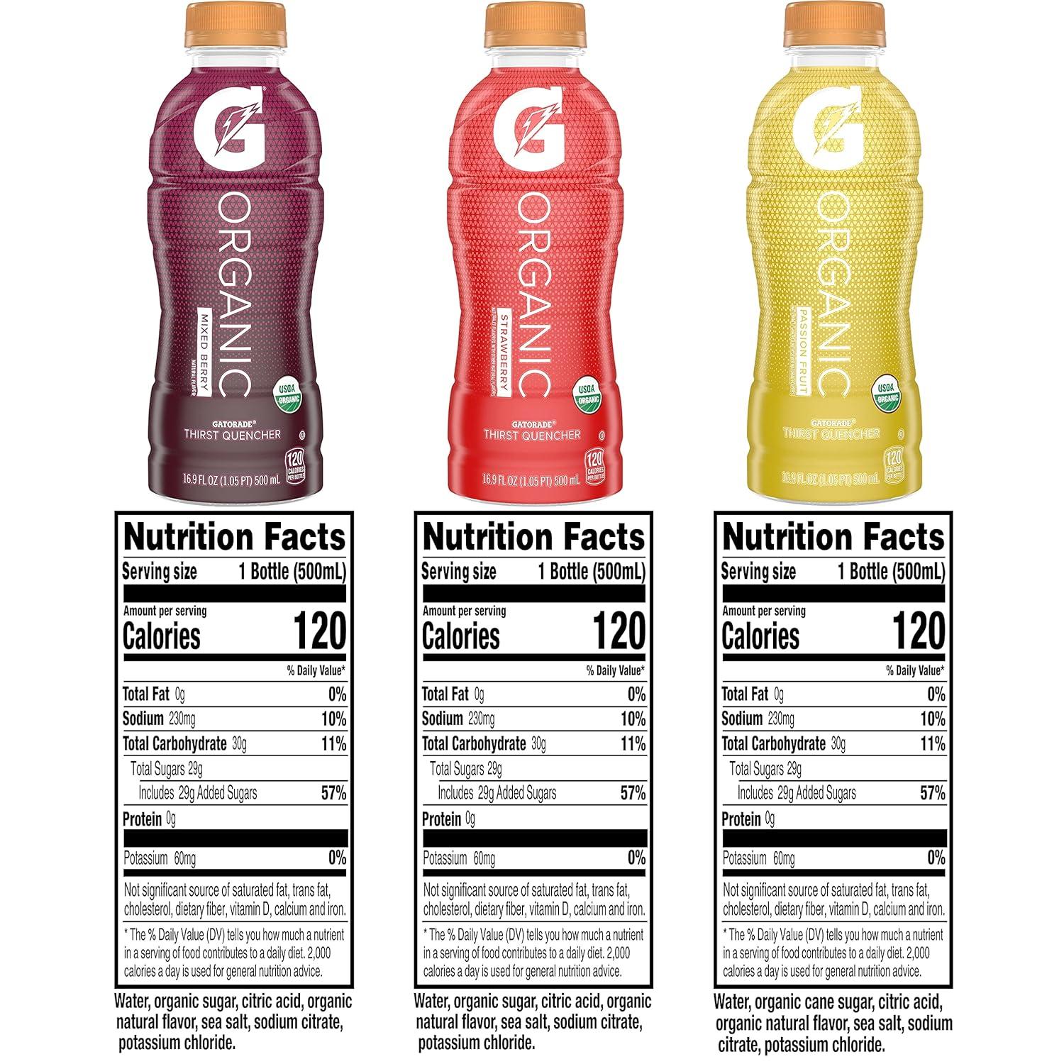 image:imageG Organic 3 Flavor Variety Pack Gatorade Sports Drink Organic Hydration USDA Certified Organic 169 fl oz Bottles Pack of 12Passion Fruit Mixed Berry Strawberry