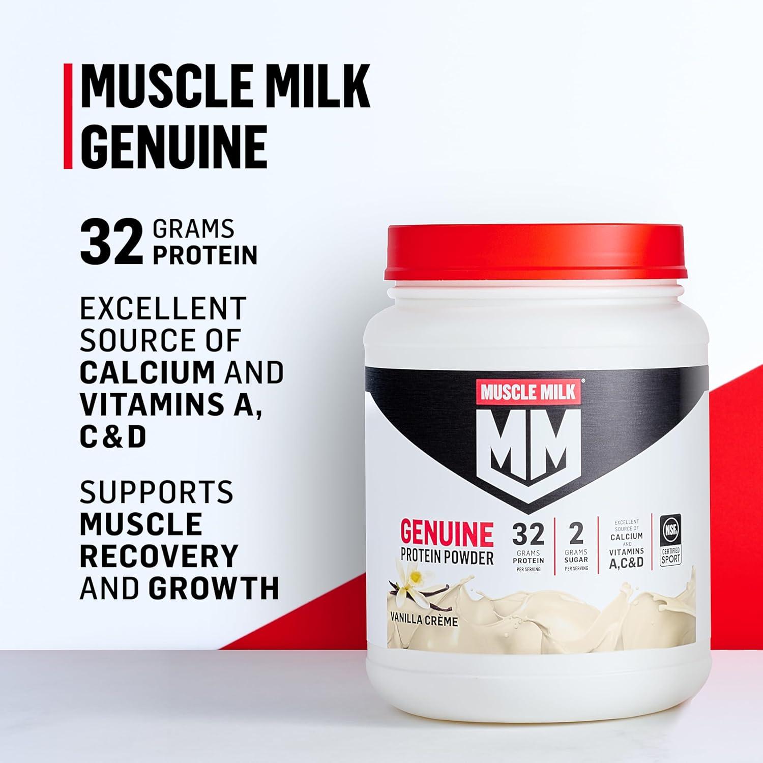 image:imageMuscle Milk Genuine Protein Powder Chocolate 193 Pounds 13 Servings 32g Protein 2g Sugar Calcium Vitamins A C amp D NSF Certified for Sport Energizing Snack Packaging May VaryVanilla Crme
