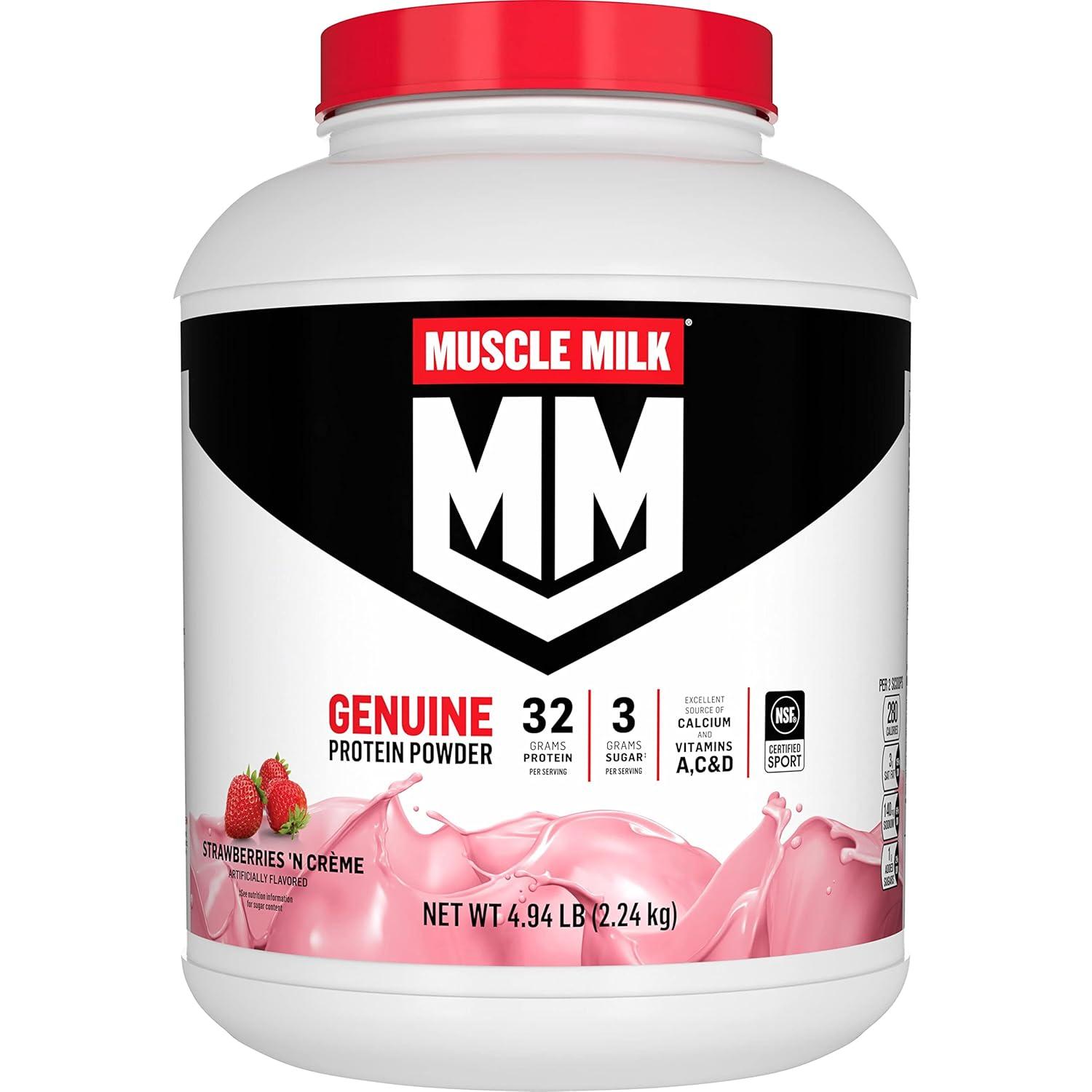 image:imageMuscle Milk Genuine Protein Powder Chocolate 193 Pounds 13 Servings 32g Protein 2g Sugar Calcium Vitamins A C amp D NSF Certified for Sport Energizing Snack Packaging May VaryStrawberry