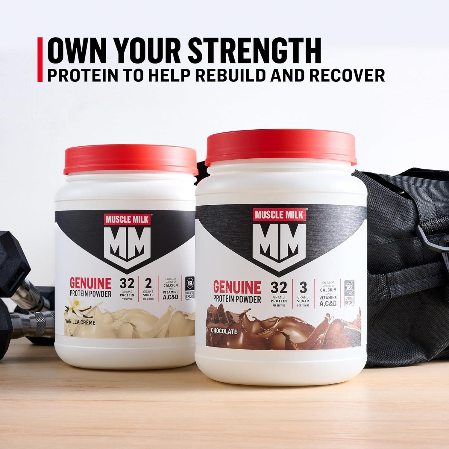 image:imageMuscle Milk Genuine Protein Powder Chocolate 193 Pounds 13 Servings 32g Protein 2g Sugar Calcium Vitamins A C amp D NSF Certified for Sport Energizing Snack Packaging May VaryStrawberry