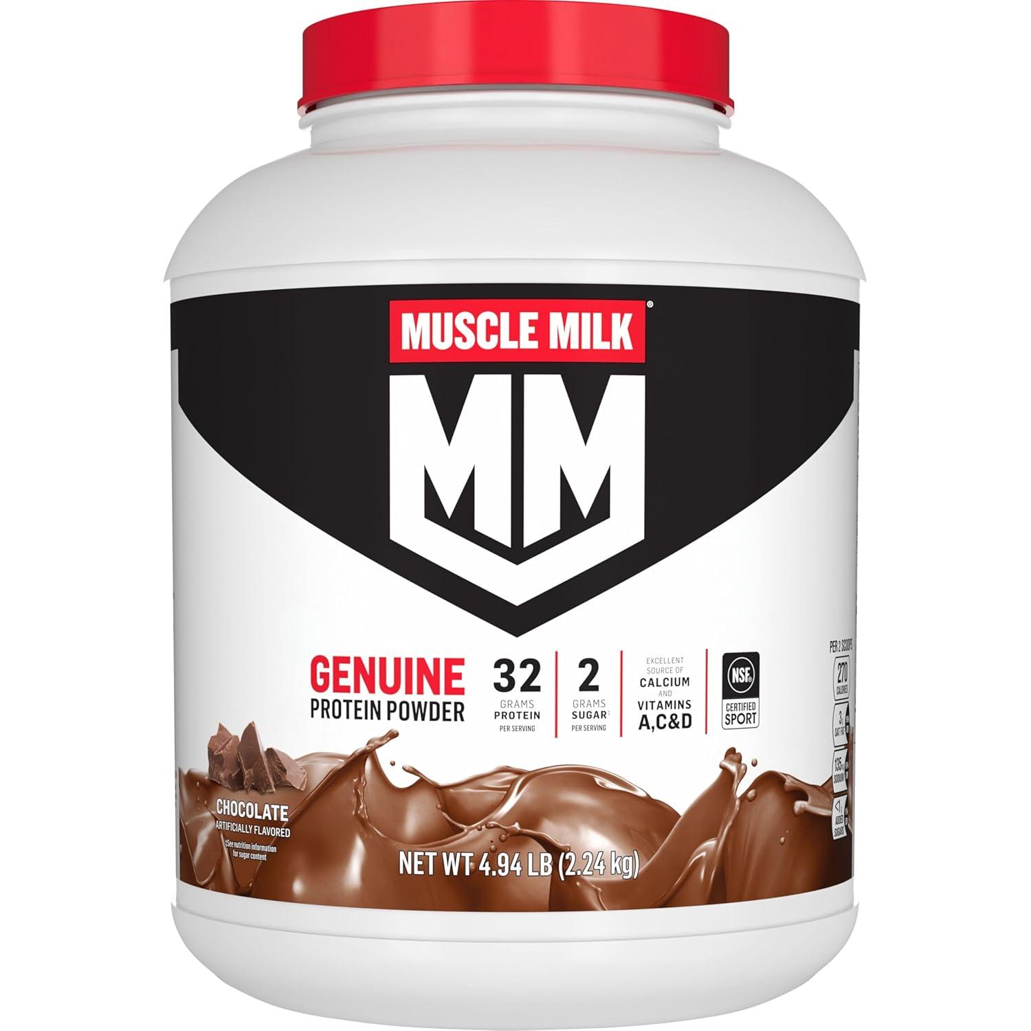image:imageMuscle Milk Genuine Protein Powder Chocolate 193 Pounds 13 Servings 32g Protein 2g Sugar Calcium Vitamins A C amp D NSF Certified for Sport Energizing Snack Packaging May VaryChocolate