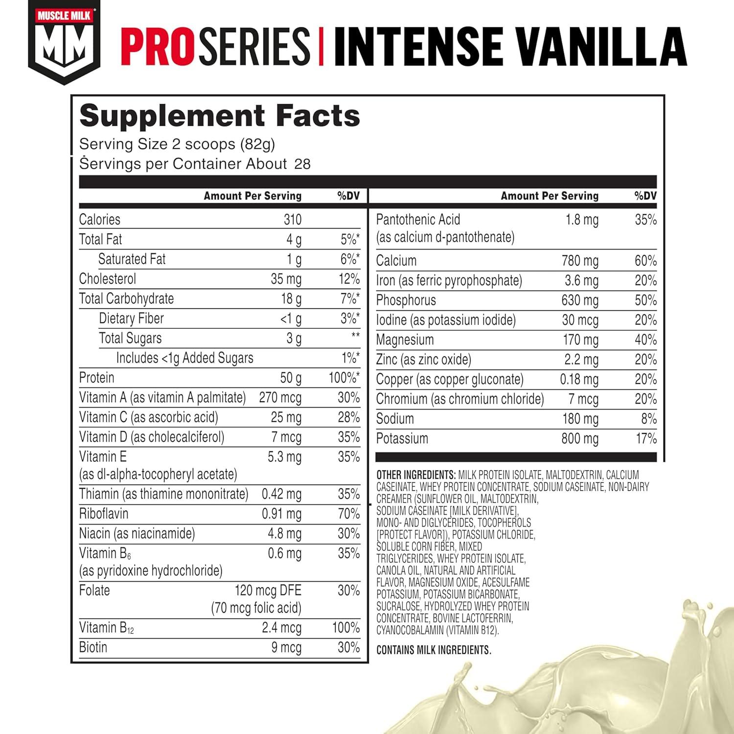 image:imageMuscle Milk Pro Series Protein Powder Supplement Knockout Chocolate 5 Pound 28 Servings 50g Protein 3g Sugar 20 Vitamins amp Minerals NSF Certified for Sport Workout RecoveryVanilla