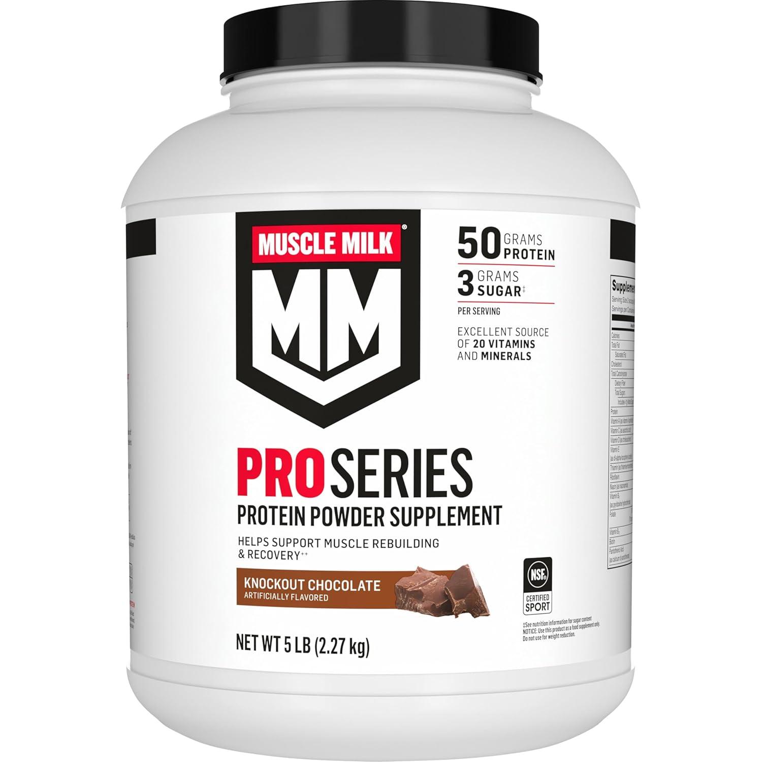 image:imageMuscle Milk Pro Series Protein Powder Supplement Knockout Chocolate 5 Pound 28 Servings 50g Protein 3g Sugar 20 Vitamins amp Minerals NSF Certified for Sport Workout RecoveryChocolate