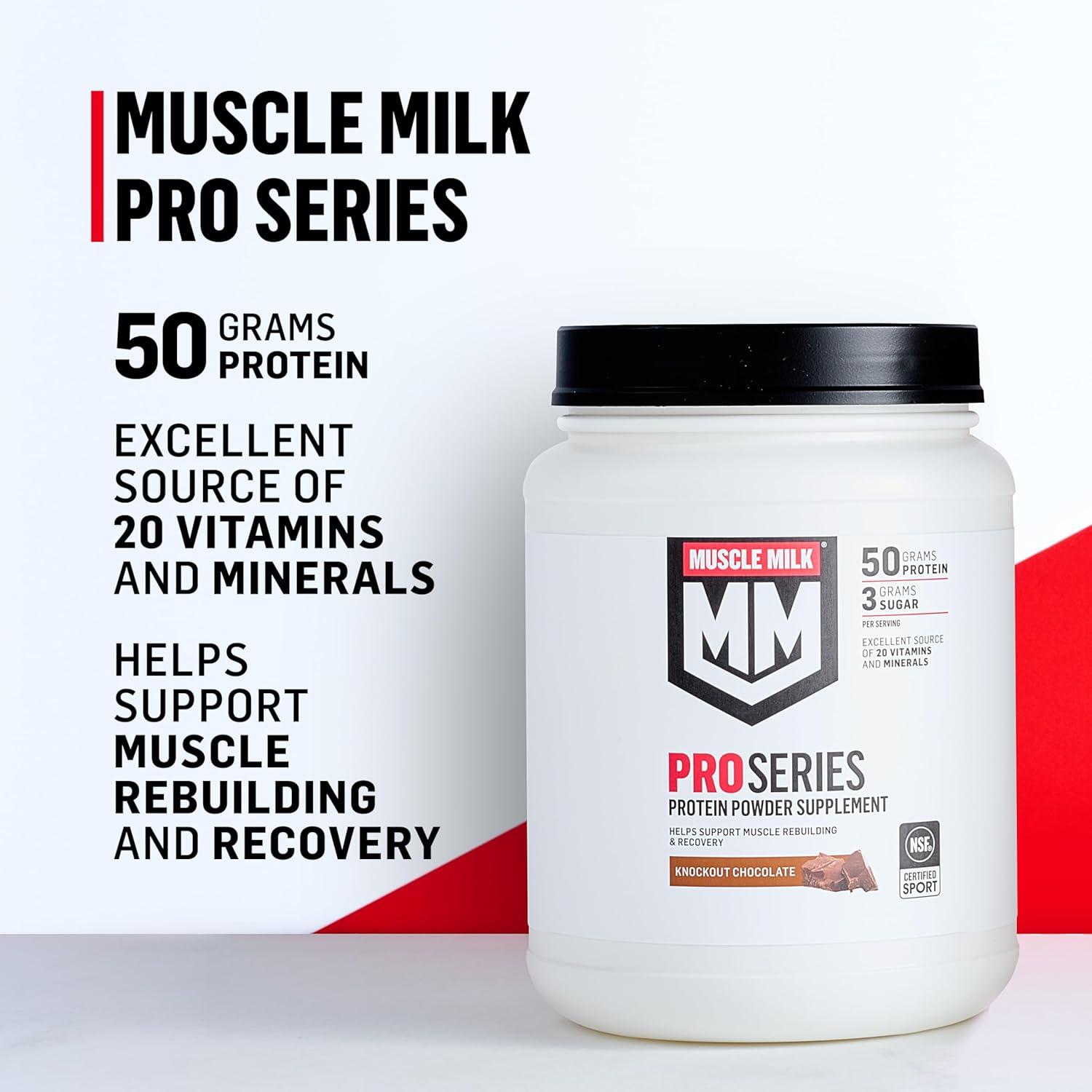 image:imageMuscle Milk Pro Series Protein Powder Supplement Knockout Chocolate 5 Pound 28 Servings 50g Protein 3g Sugar 20 Vitamins amp Minerals NSF Certified for Sport Workout RecoveryChocolate