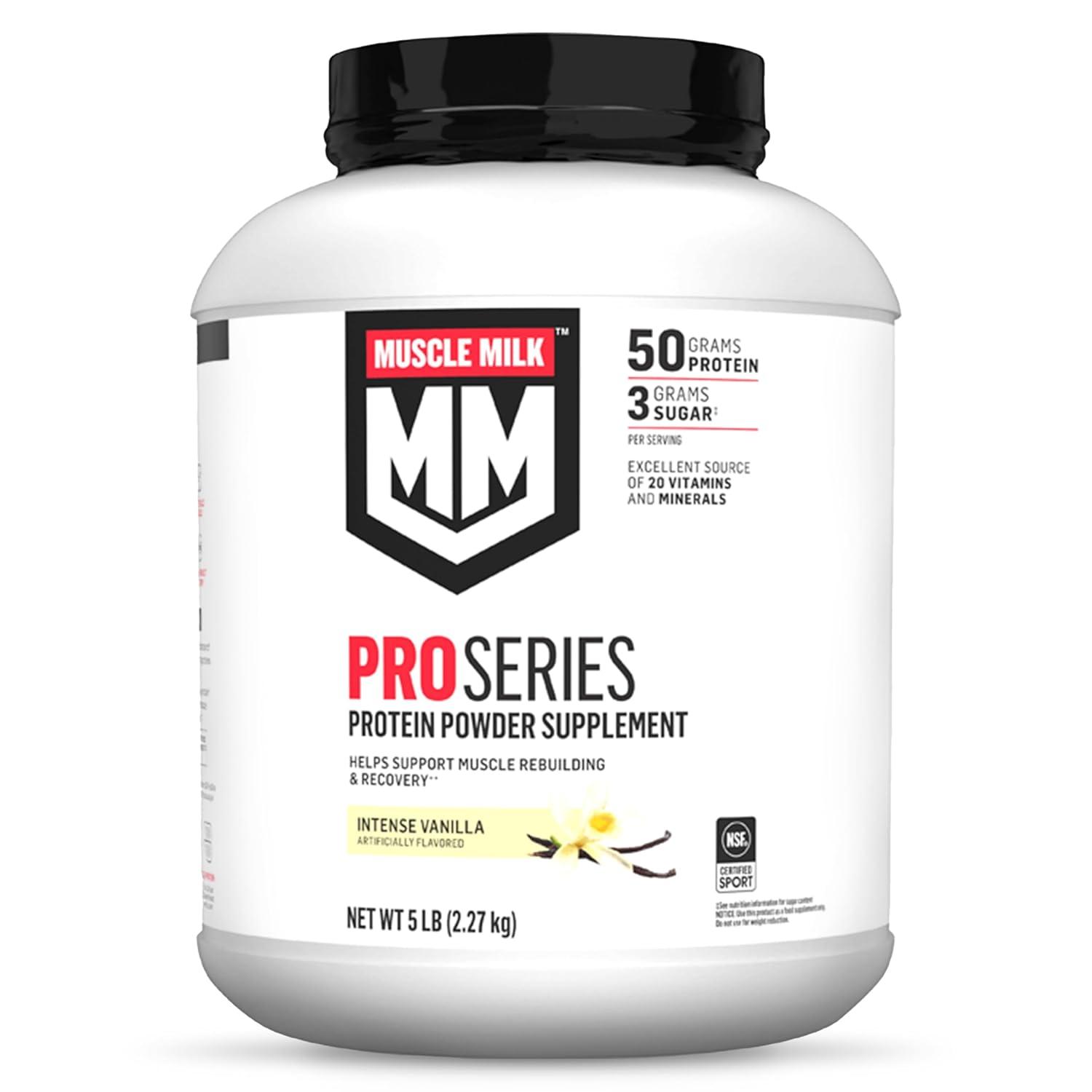 image:imageMuscle Milk Pro Series Protein Powder Supplement Knockout Chocolate 5 Pound 28 Servings 50g Protein 3g Sugar 20 Vitamins amp Minerals NSF Certified for Sport Workout RecoveryVanilla