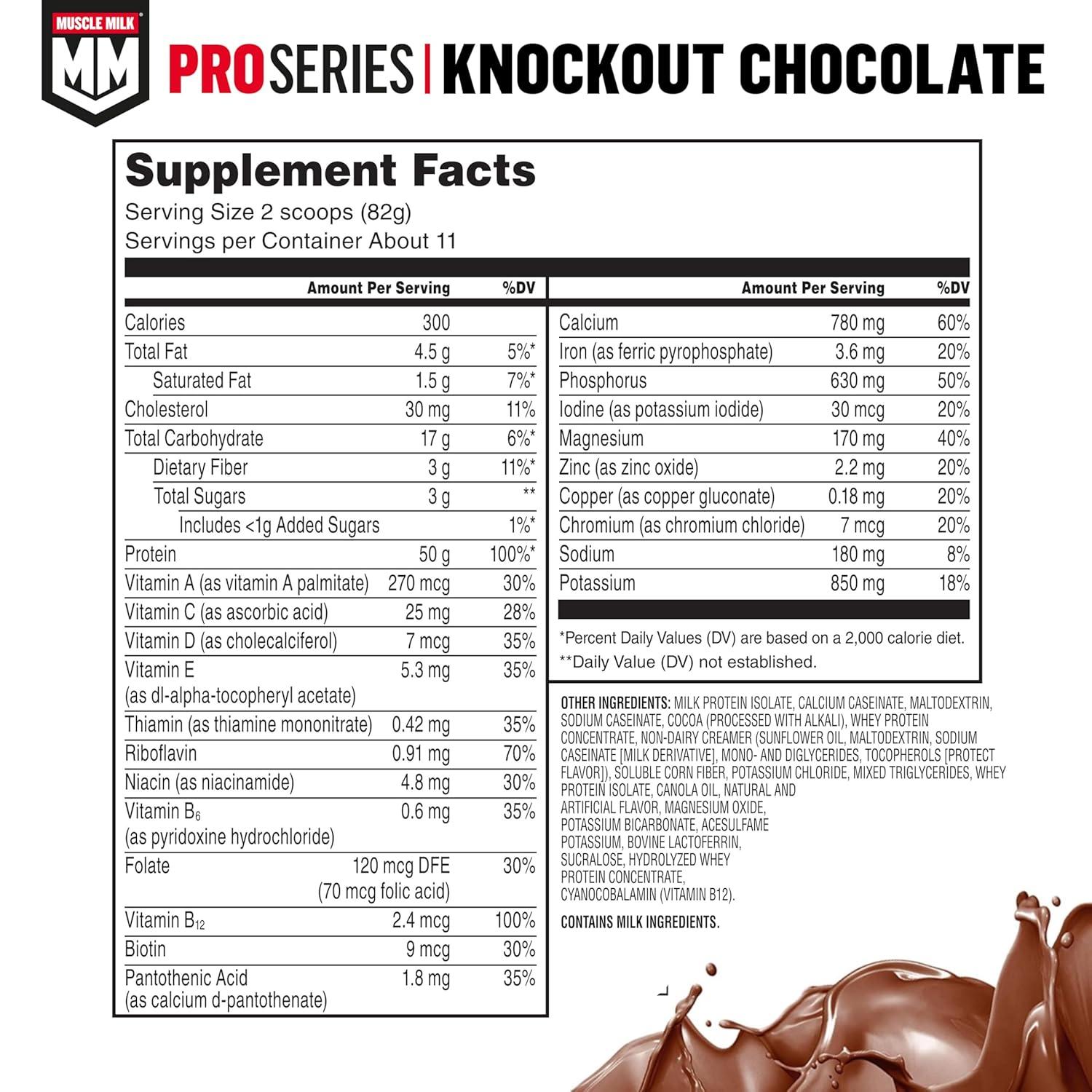 image:imageMuscle Milk Pro Series Protein Powder Supplement Knockout Chocolate 5 Pound 28 Servings 50g Protein 3g Sugar 20 Vitamins amp Minerals NSF Certified for Sport Workout RecoveryChocolate