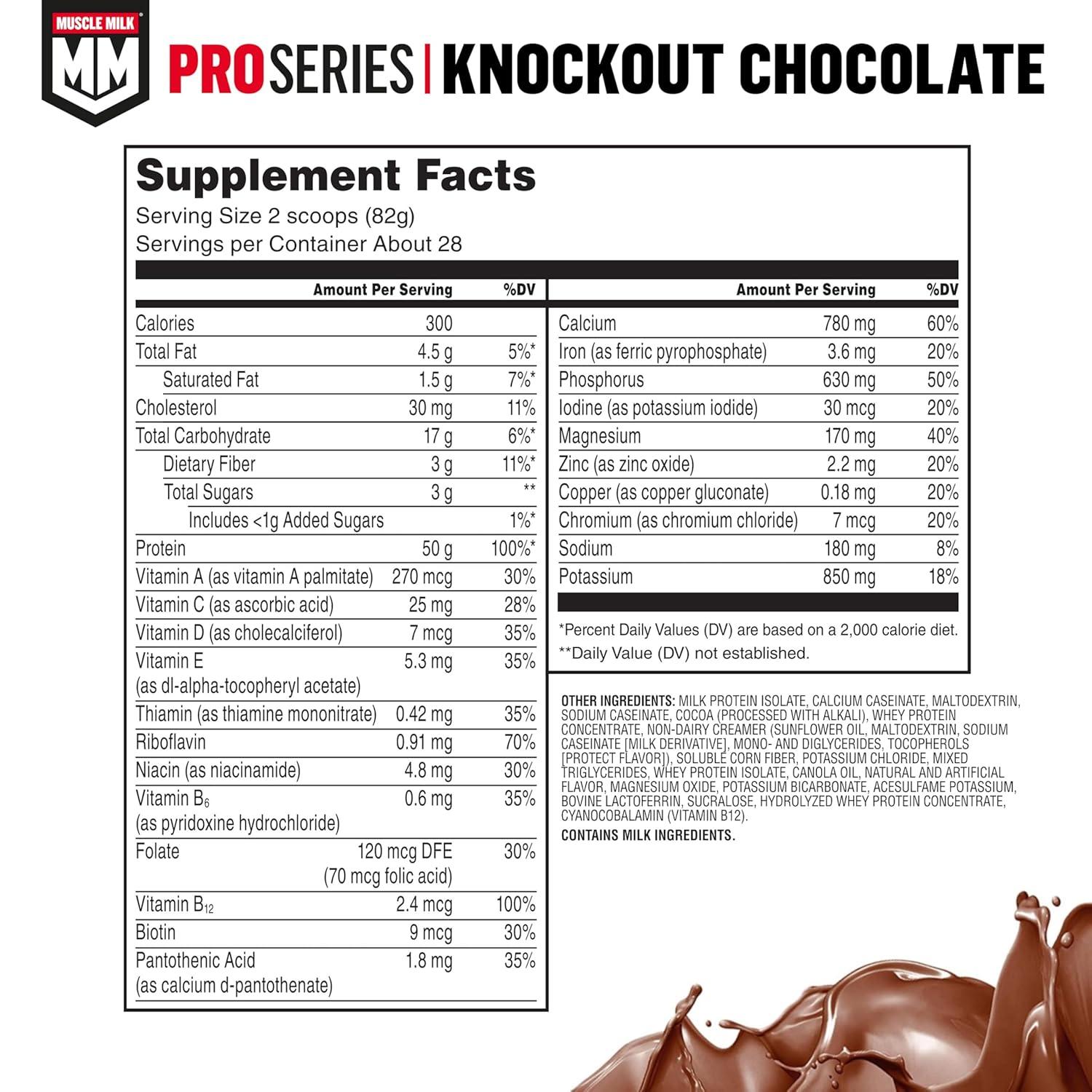 image:imageMuscle Milk Pro Series Protein Powder Supplement Knockout Chocolate 5 Pound 28 Servings 50g Protein 3g Sugar 20 Vitamins amp Minerals NSF Certified for Sport Workout RecoveryChocolate