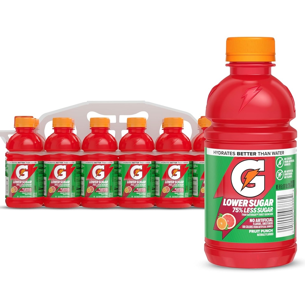 image:imageGatorade Lower Sugar Electrolyte Sports Drink Lemonade 12 fl oz Bottles 12 Pack 75 Less Sugar No Artificial Flavors No Artificial Sweeteners No Artificial Colors HydrationFruit Punch