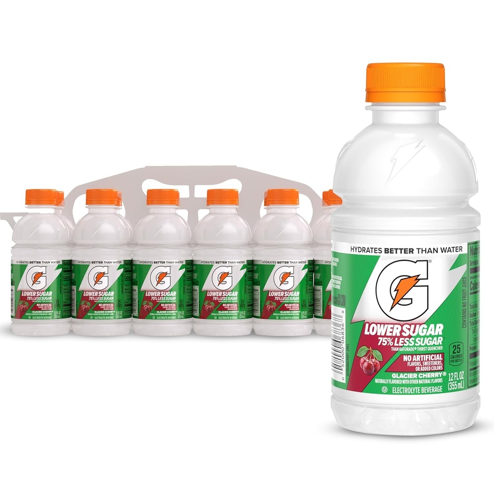 image:imageGatorade Lower Sugar Electrolyte Sports Drink Lemonade 12 fl oz Bottles 12 Pack 75 Less Sugar No Artificial Flavors No Artificial Sweeteners No Artificial Colors HydrationGlacier Cherry