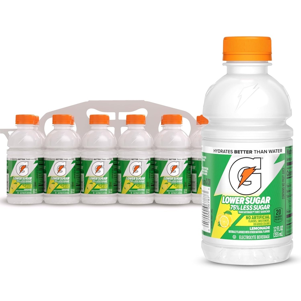 image:imageGatorade Lower Sugar Electrolyte Sports Drink Lemonade 12 fl oz Bottles 12 Pack 75 Less Sugar No Artificial Flavors No Artificial Sweeteners No Artificial Colors HydrationLemonade